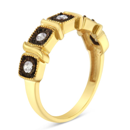 Yellow and black ring with five round white gemstones in miracle setting, shown at an angled side view.