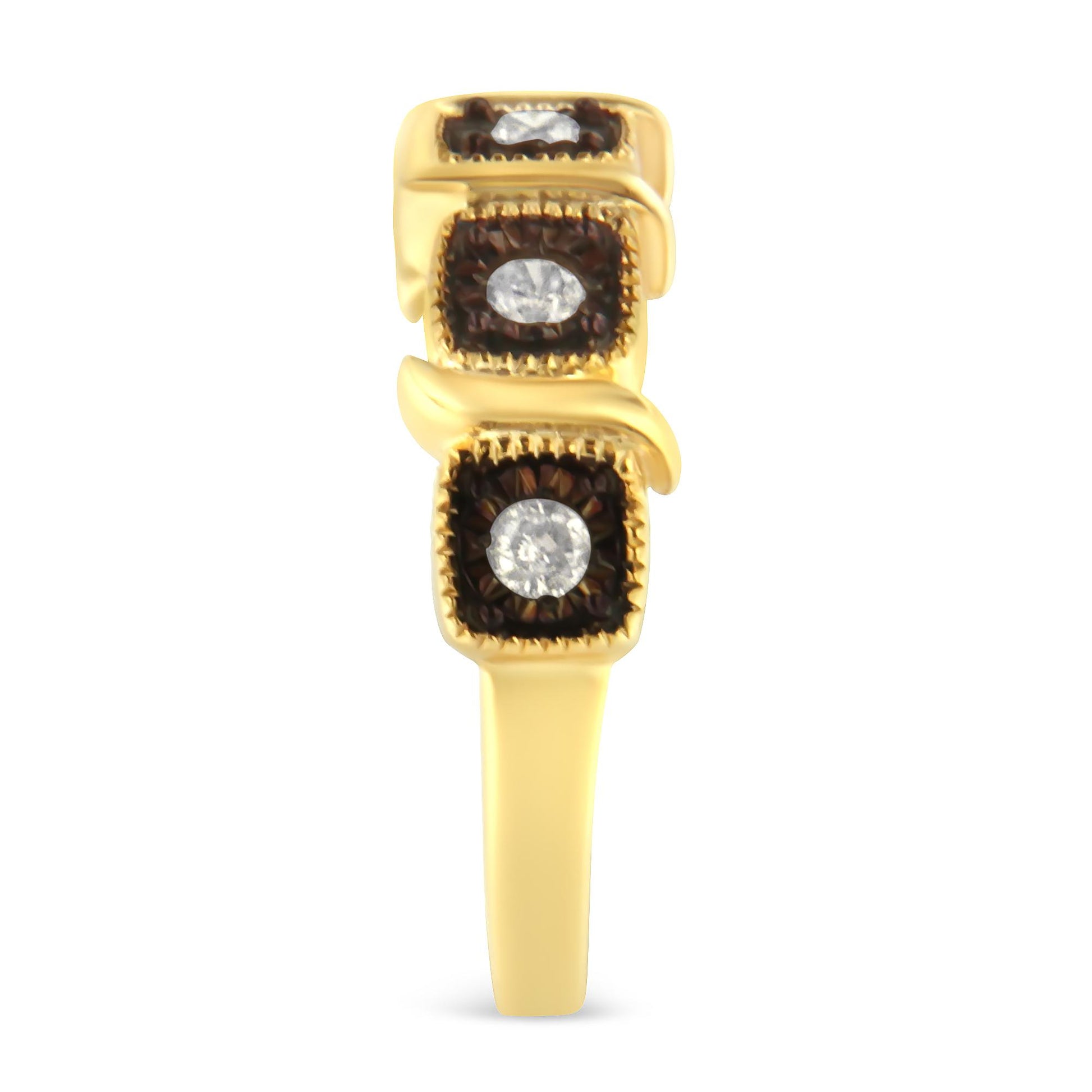 Front-facing view of a yellow and black ring featuring three square settings each with a round white gemstone in a miracle setting.