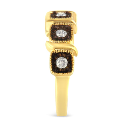 Front-facing view of a yellow and black ring featuring three square settings each with a round white gemstone in a miracle setting.