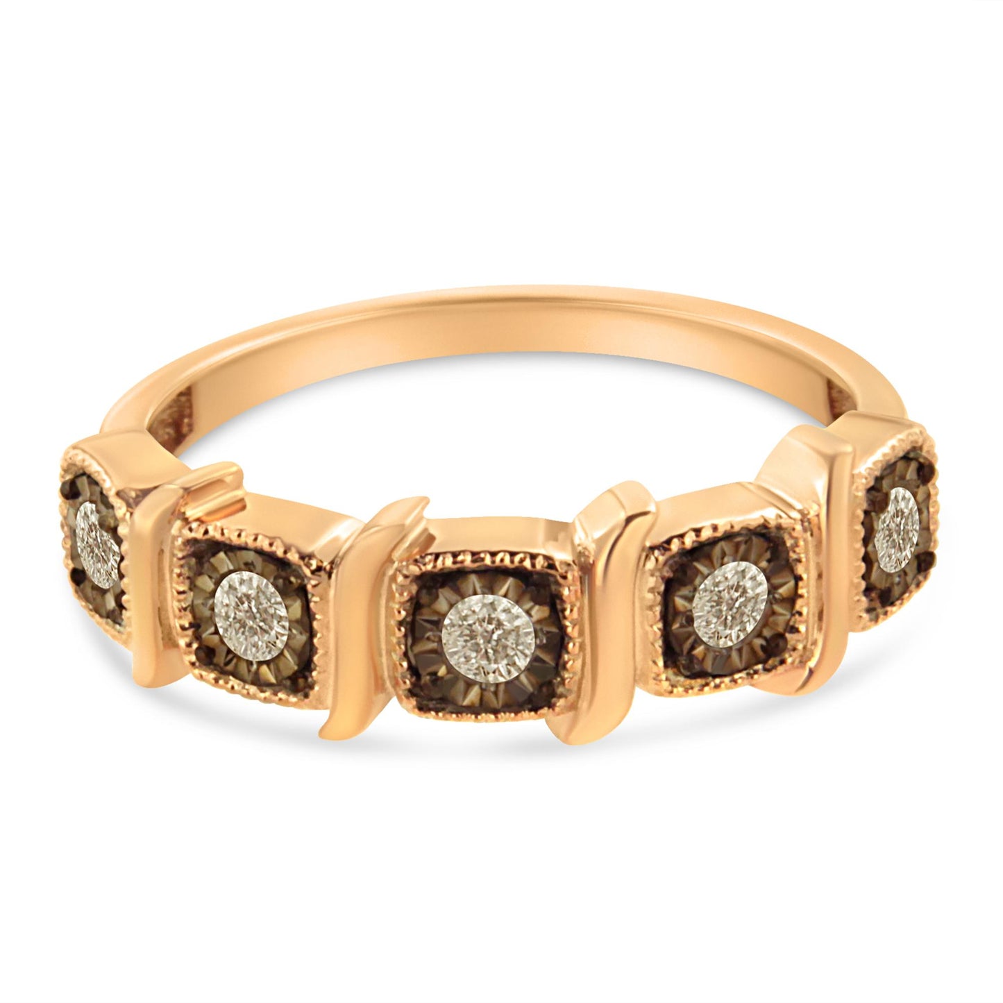 Close-up front angle of a rose-colored ring featuring five round white gemstones set in square black settings with surrounding decorative details.