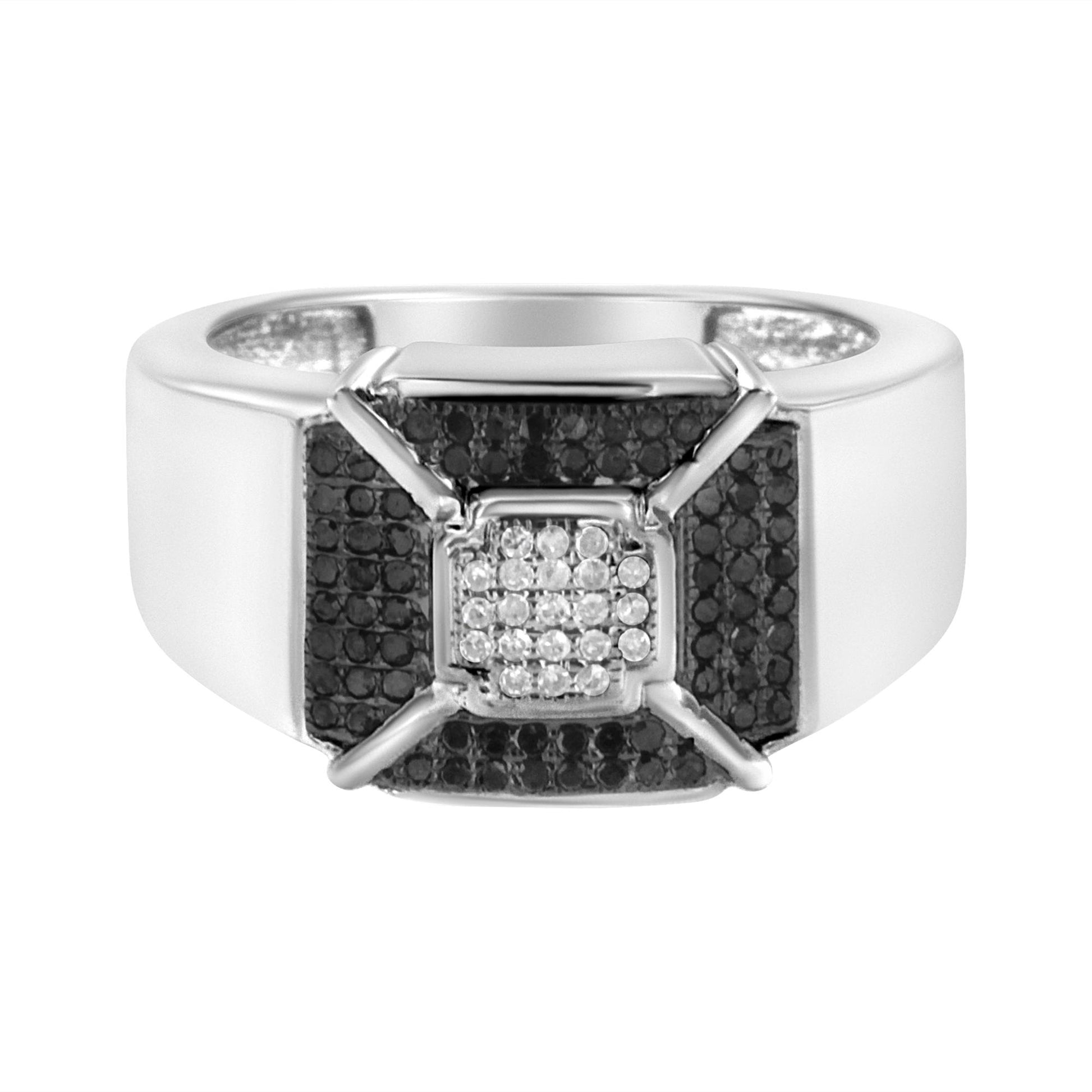 Front-facing view of a white metal ring with a square-shaped top featuring pave-set round black gemstones surrounding a cluster of pave-set round white gemstones in the center.