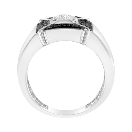 White metal ring with pave-set black and white round gemstones, shown from a front angle.