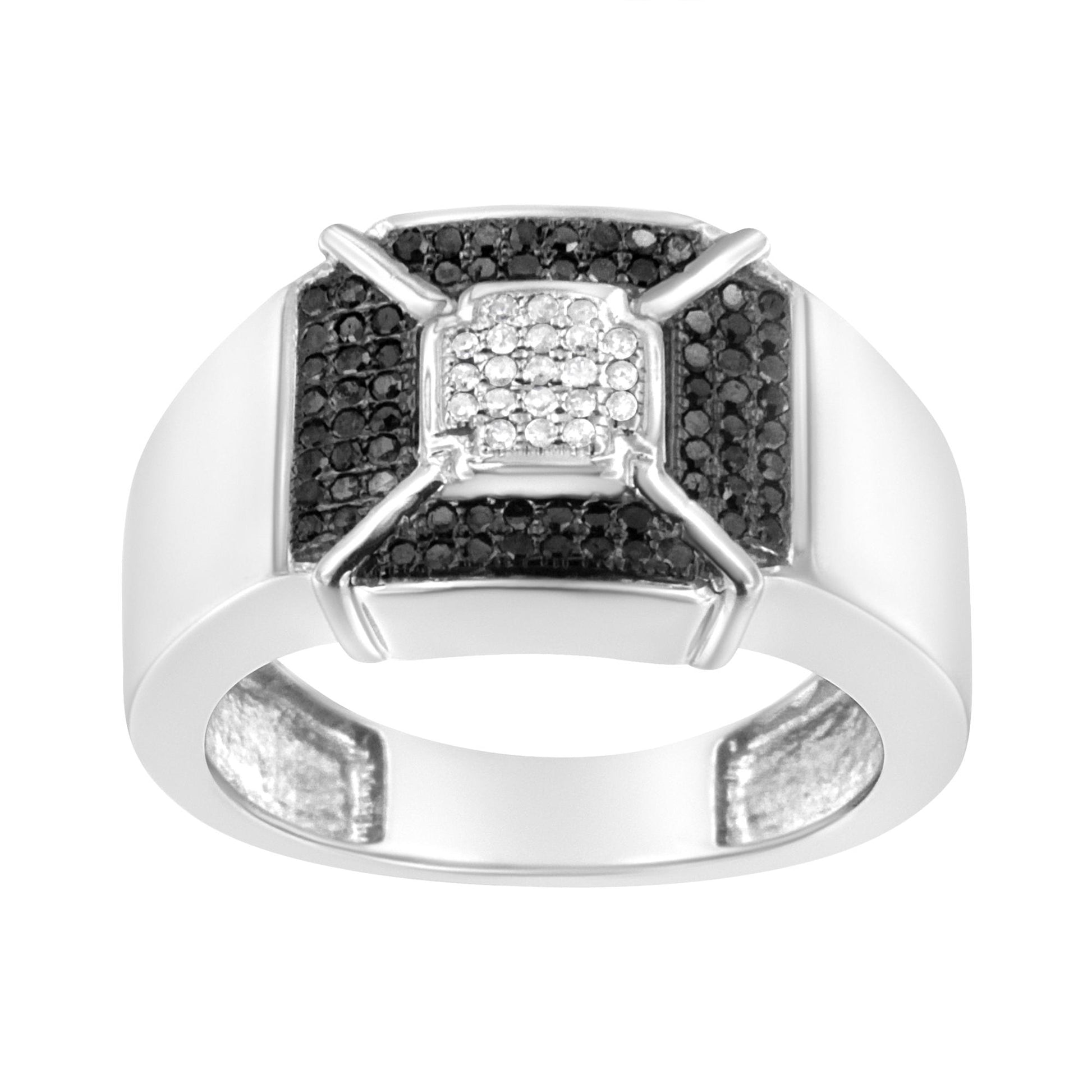 Front angle view of a white metal ring featuring a square cluster of white gemstones at the center surrounded by a frame of black gemstones in pave setting.