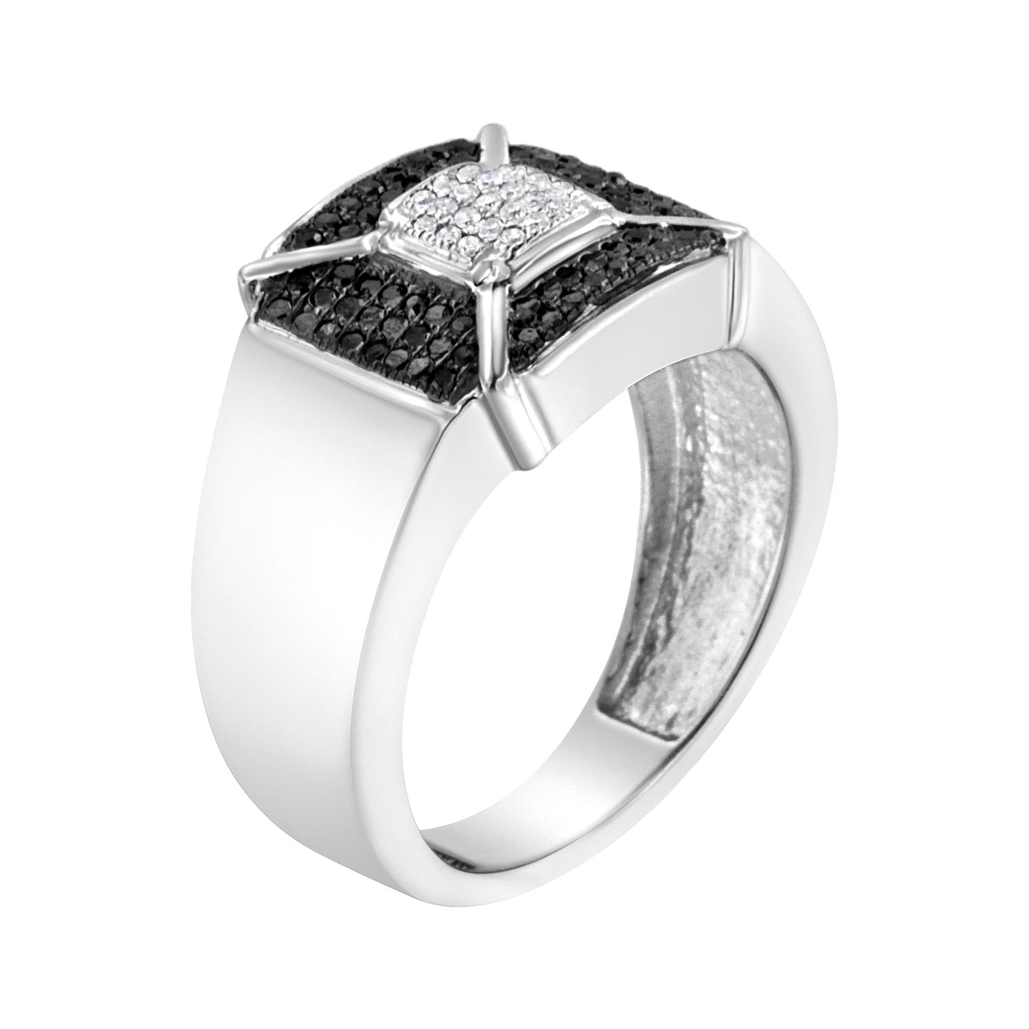 White metal ring with a flat top viewed at an angled side, featuring a square cluster of white and black round pave-set gemstones separated by metal accents.