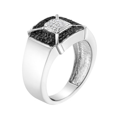 White metal ring with a flat top viewed at an angled side, featuring a square cluster of white and black round pave-set gemstones separated by metal accents.
