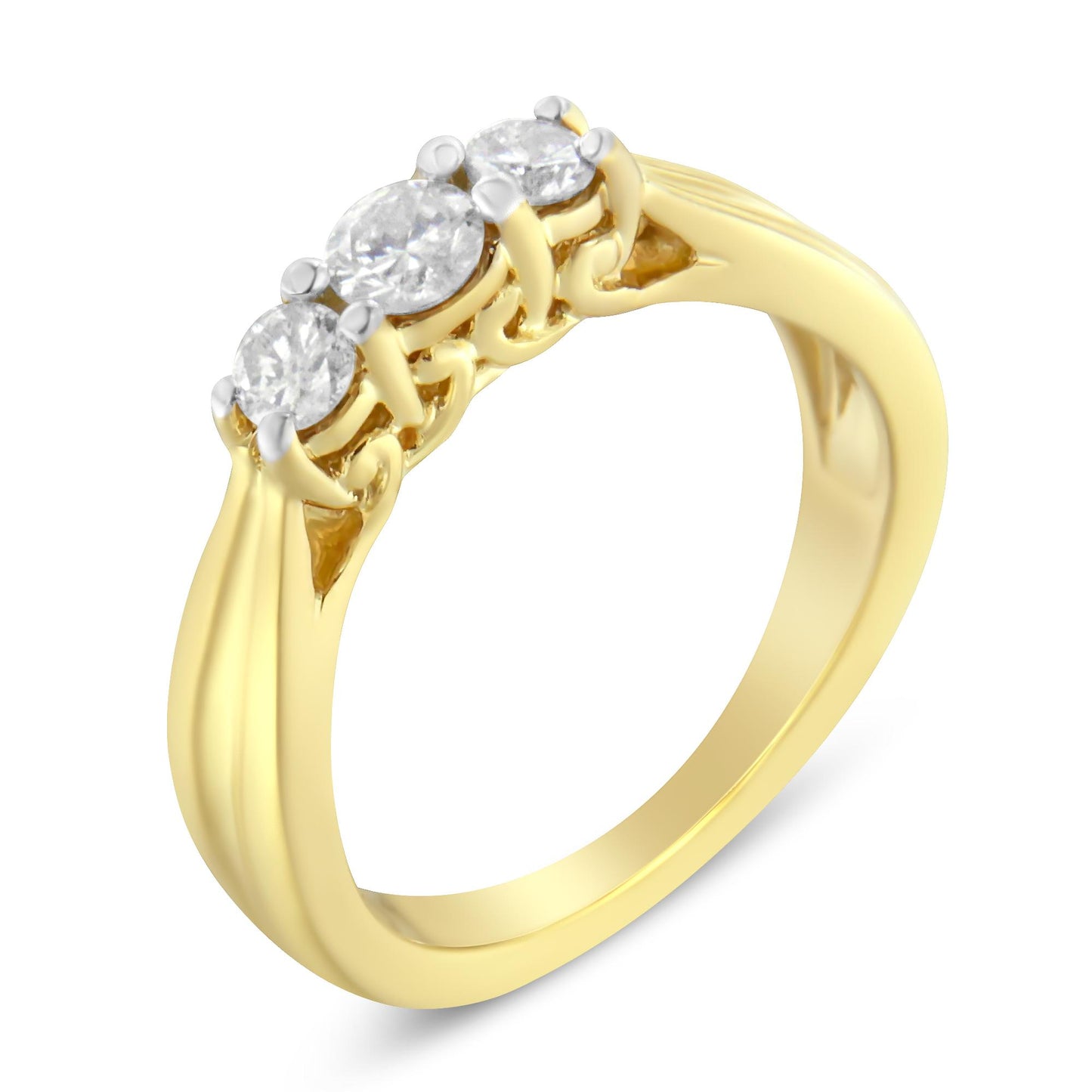 Yellow ring with three round white gemstones in prong settings, shown at an angled top-down view.