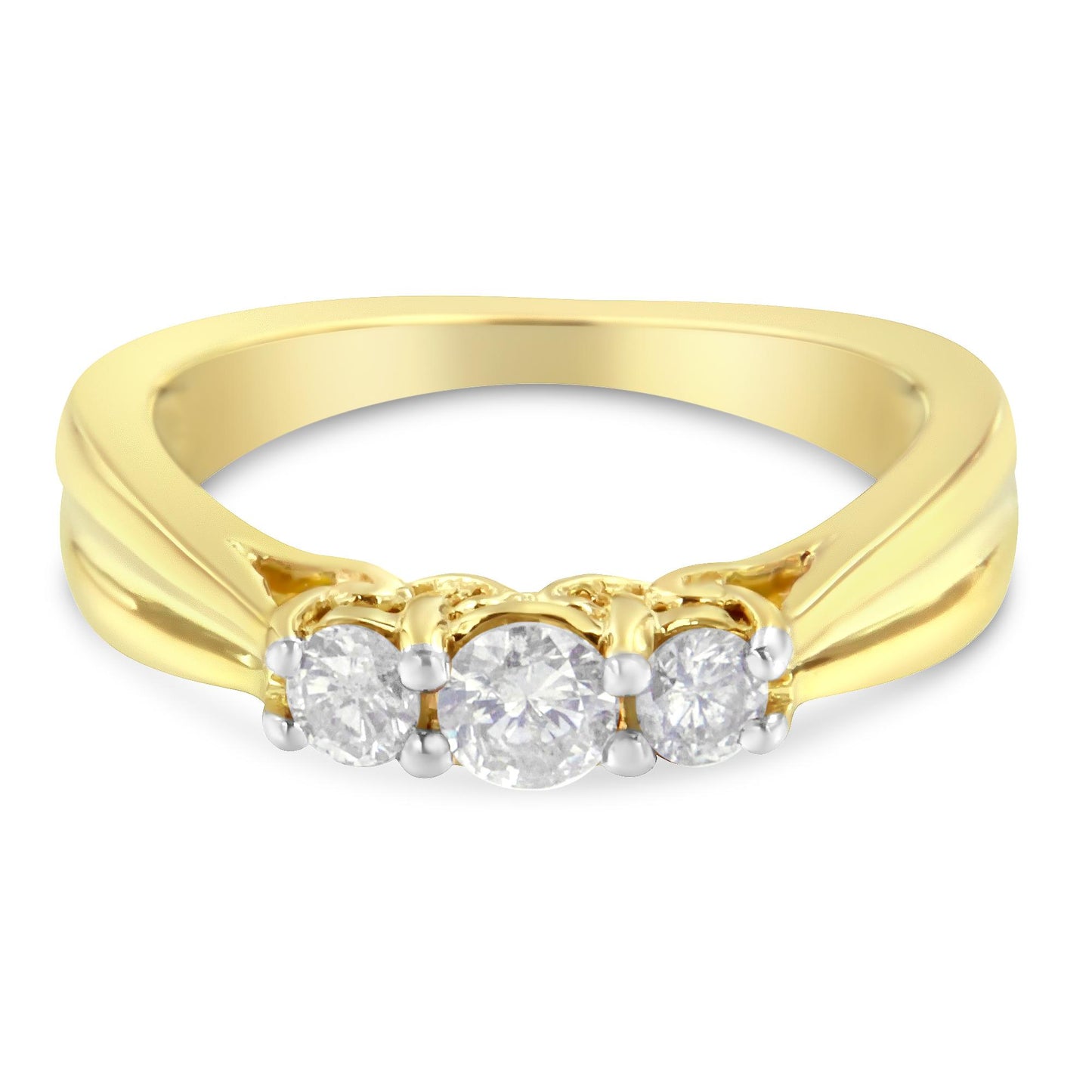 Yellow metal ring with three round white gemstones in prong setting, front-facing angle.
