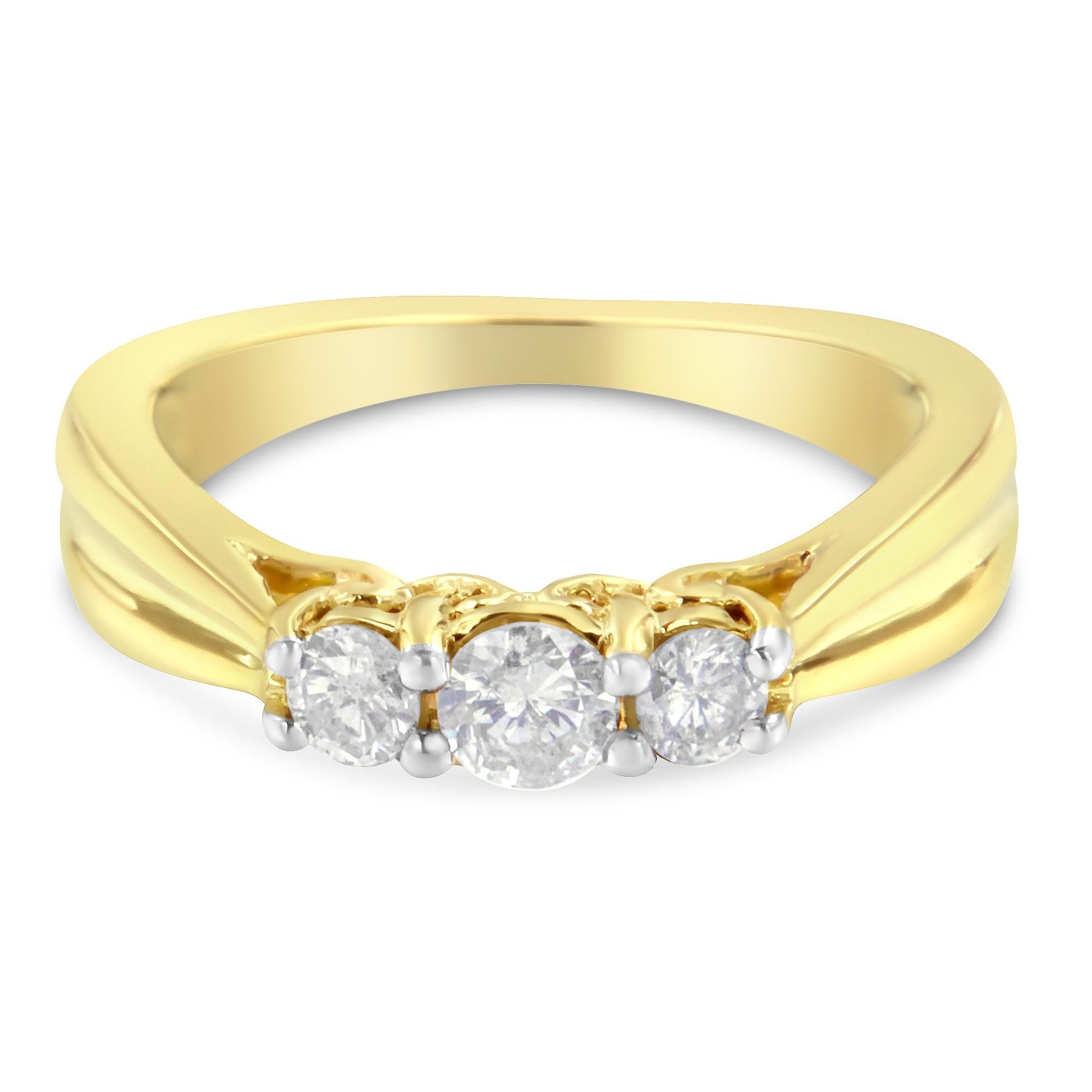 Yellow metal ring with three round white gemstones in prong setting, front-facing angle.