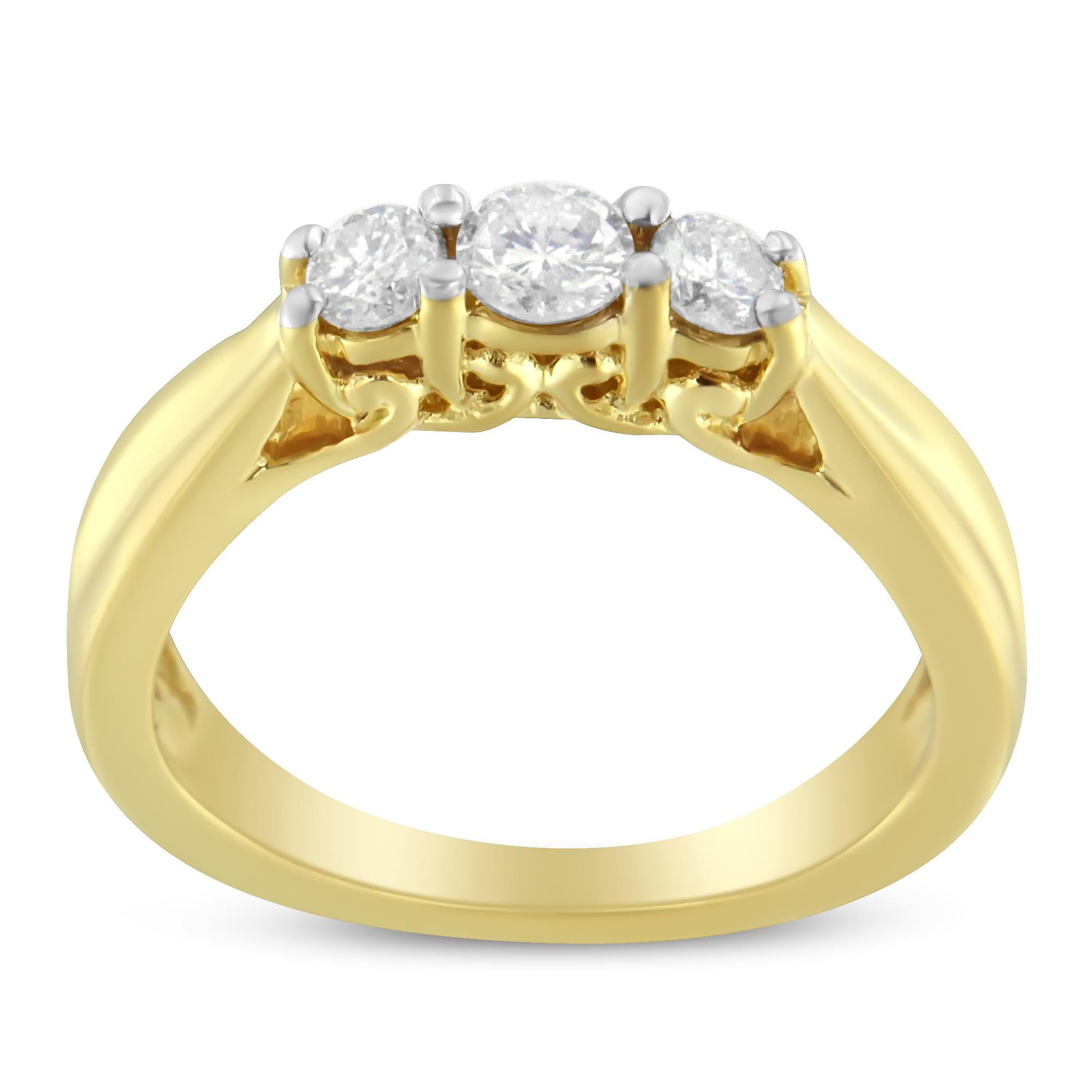 Front angle of a yellow metal ring featuring three round white gemstones in prong settings.