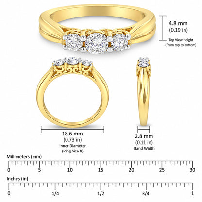 Top, front, and side views of a 10K yellow gold three stone diamond ring with round cut diamonds and measurements