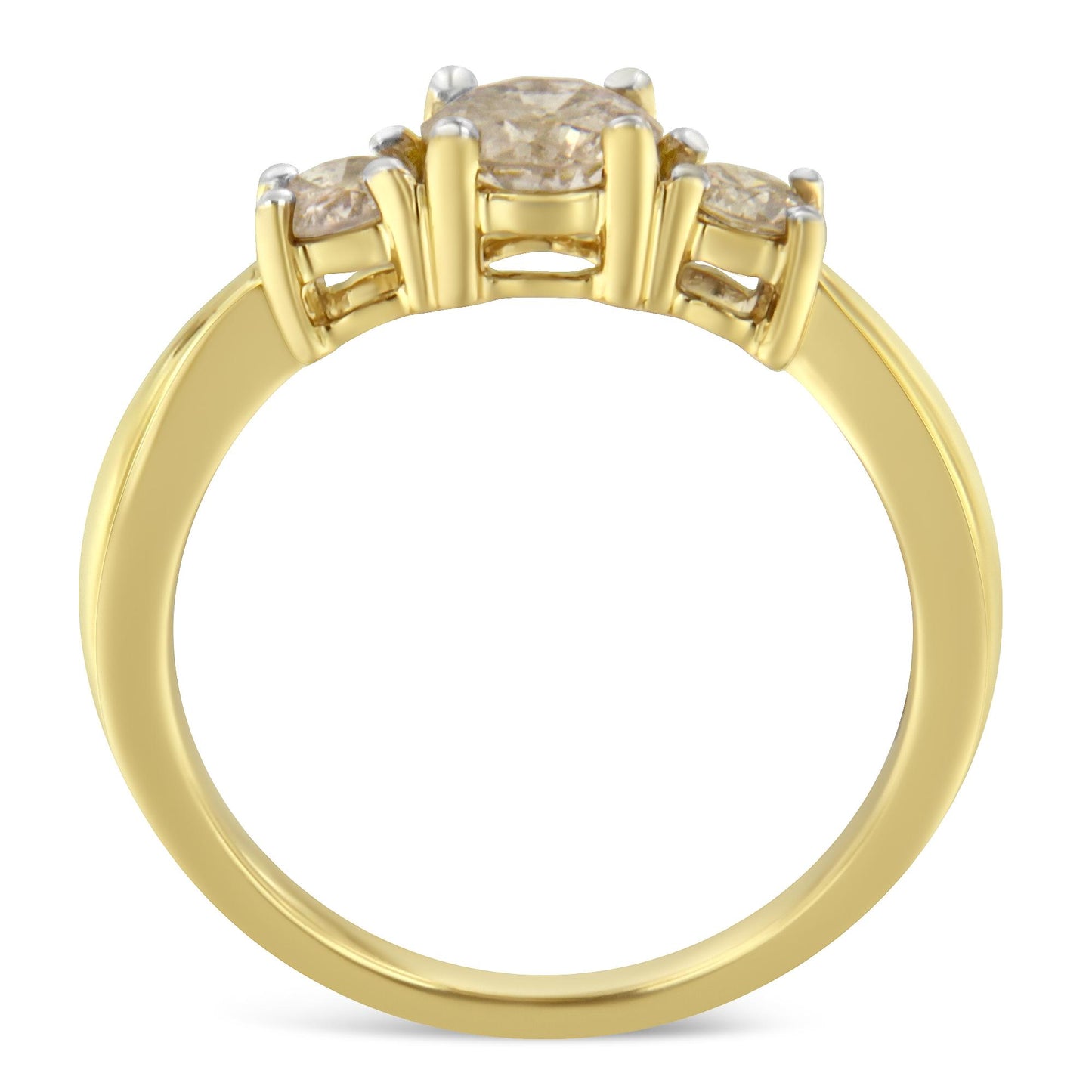 Close-up front angle of a yellow metal ring featuring one larger round white gemstone and two smaller round white gemstones in prong settings.