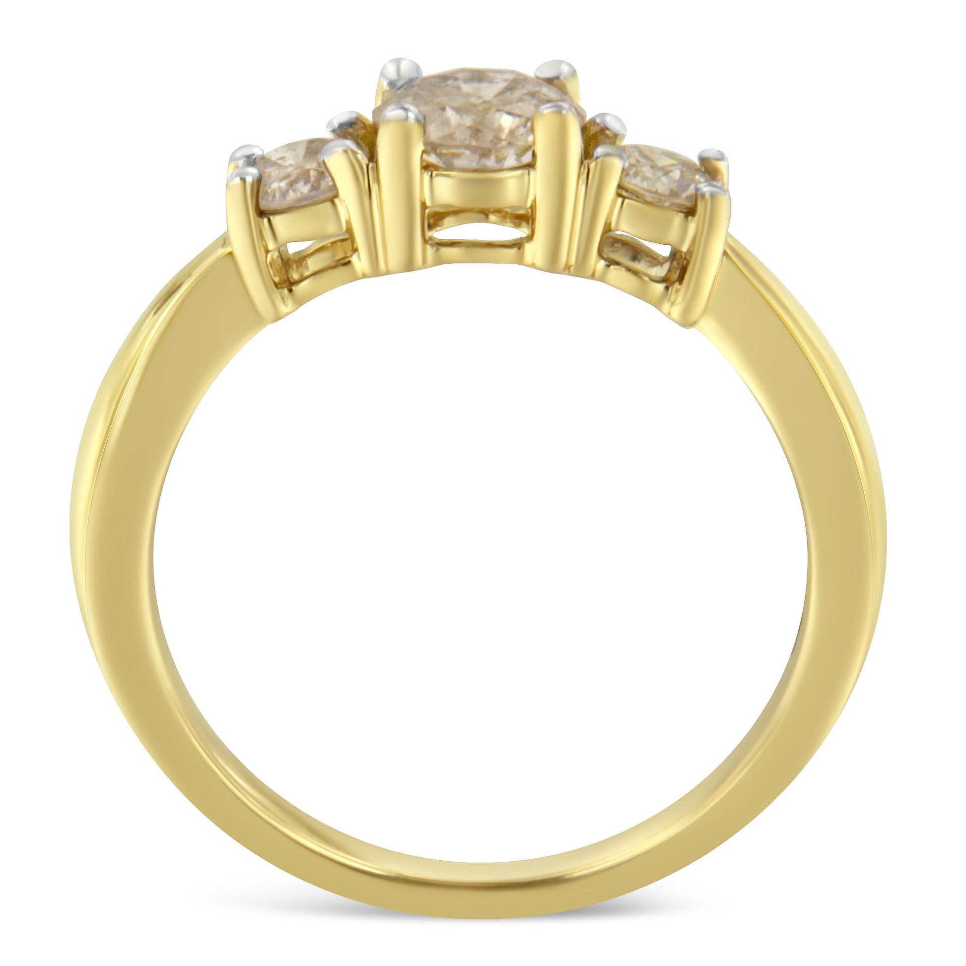 Close-up front angle of a yellow metal ring featuring one larger round white gemstone and two smaller round white gemstones in prong settings.