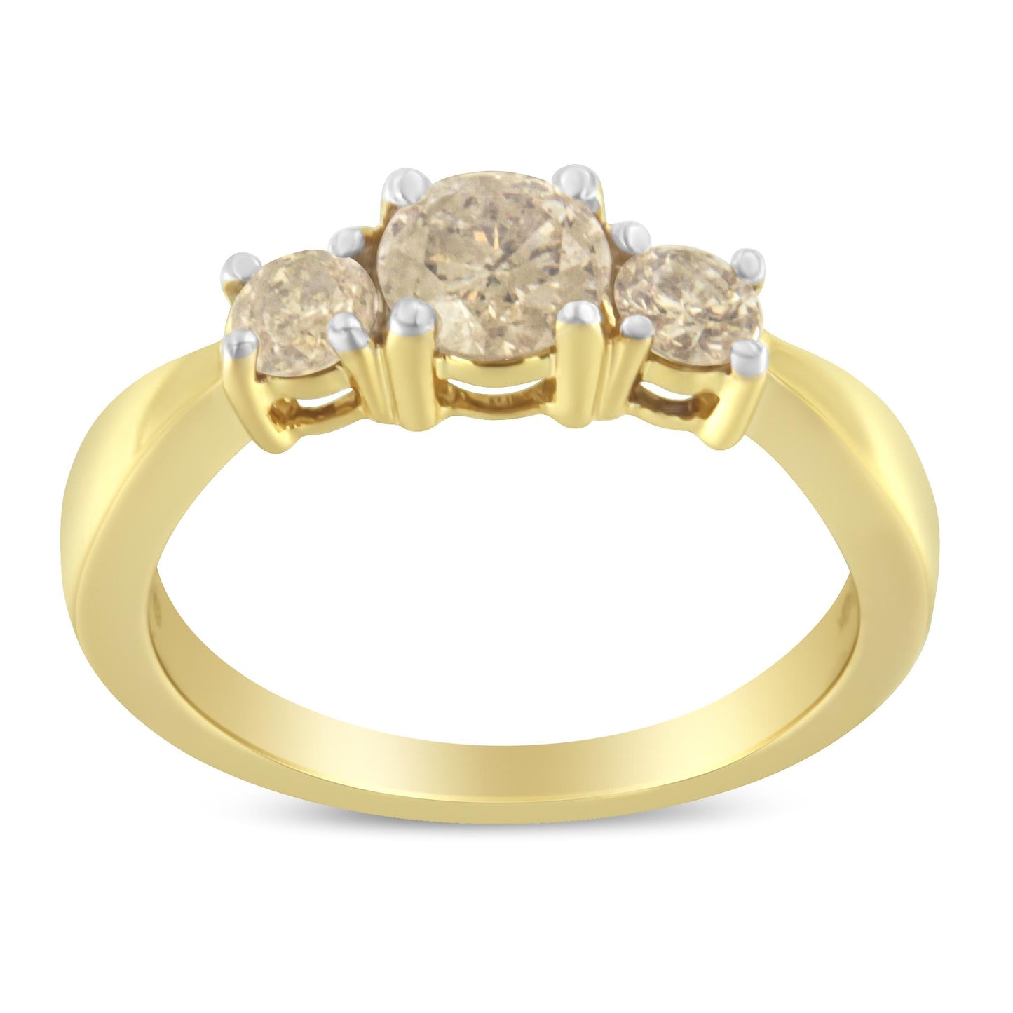 Front angle view of a yellow metal ring featuring one larger round white gemstone prong set between two smaller round white gemstones, also prong set.