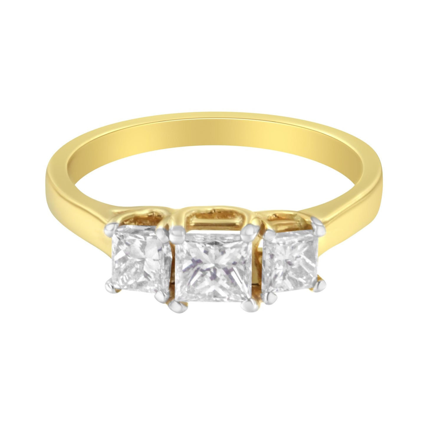 Front angle view of a yellow metal ring with three prong-set white princess-shaped gemstones.
