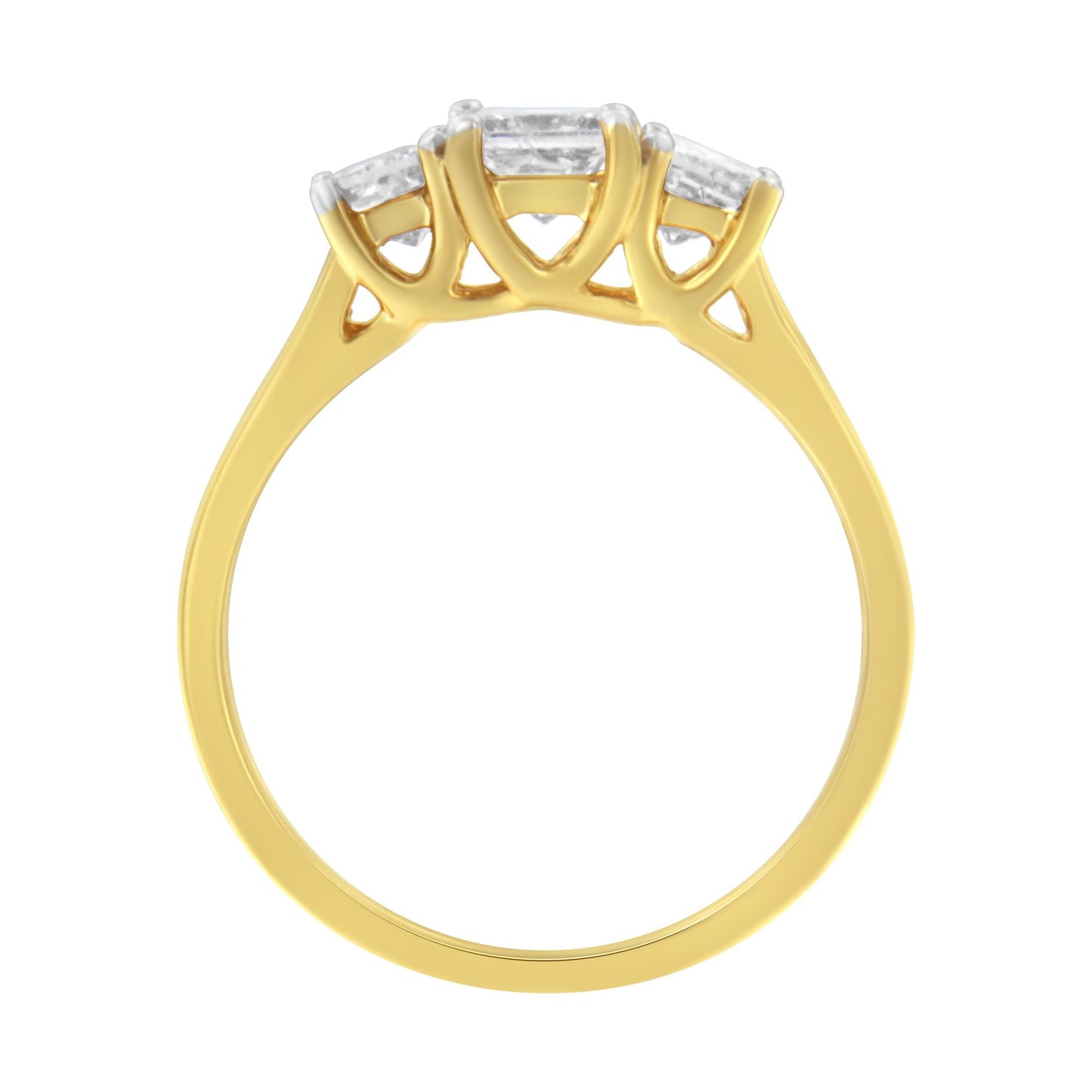 Yellow metal ring with three white princess-shaped gemstones in prong settings, shown in a side profile view.