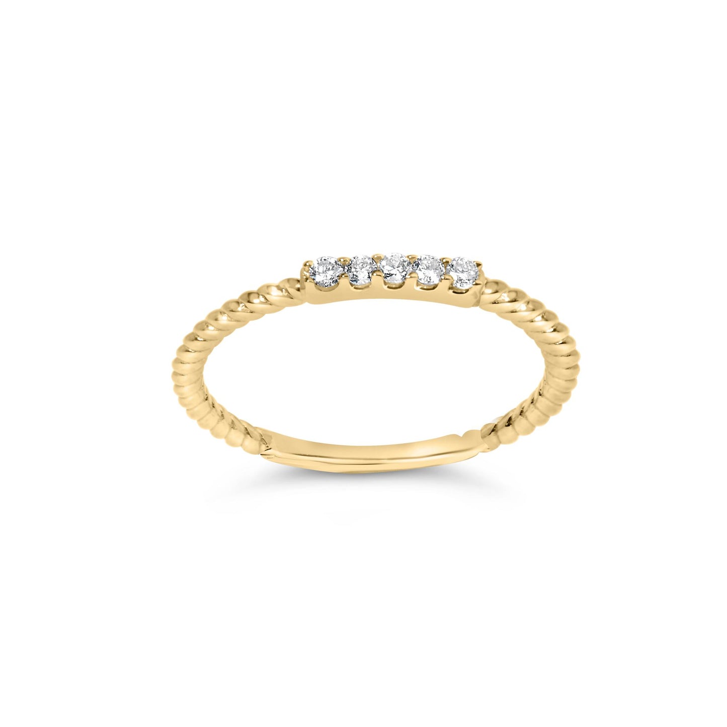Yellow metal ring with a twisted band and a row of round white gemstones in prong settings, shown from a front angle.