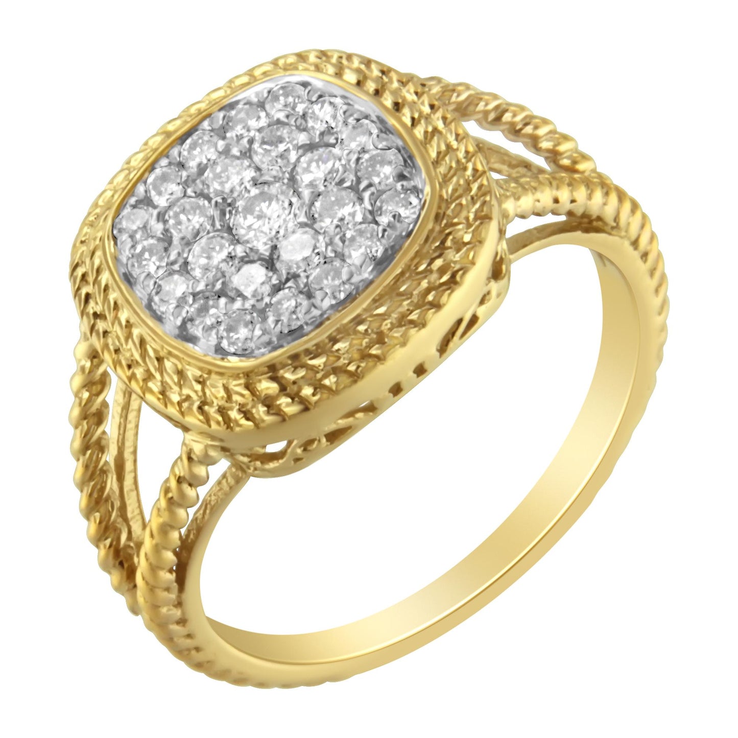 Yellow ring with intricate rope-like band detailing and a square cluster of round white gemstones in prong setting, shown at an angled close-up view.