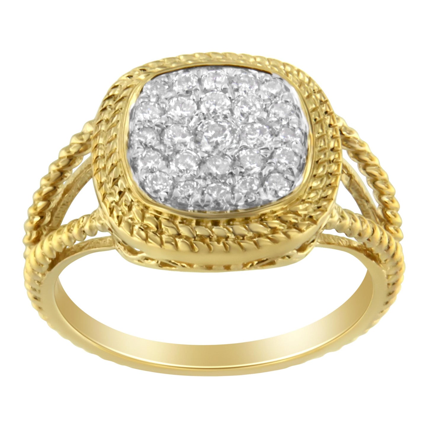 Front angle view of a yellow metal ring with a square cluster of round white gemstones in prong setting and a braided band design.