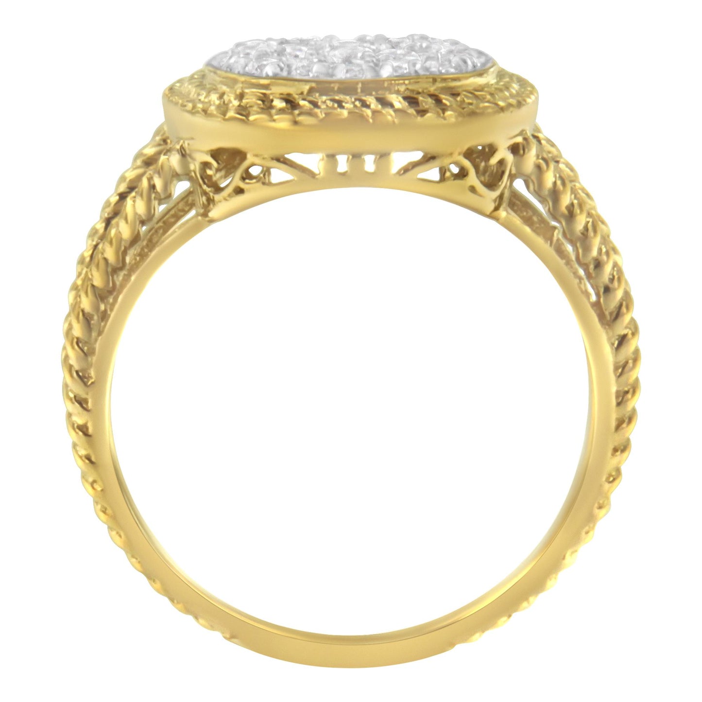 Front view of a yellow metal ring with an intricate braided band design and a cluster of white round gemstones set on top.