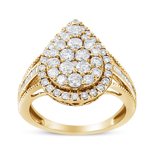 Front-facing view of a yellow metal ring with a pear-shaped cluster of white round gemstones in prong and pave settings, surrounded by additional white round and baguette-shaped gemstones set in channels along the band.