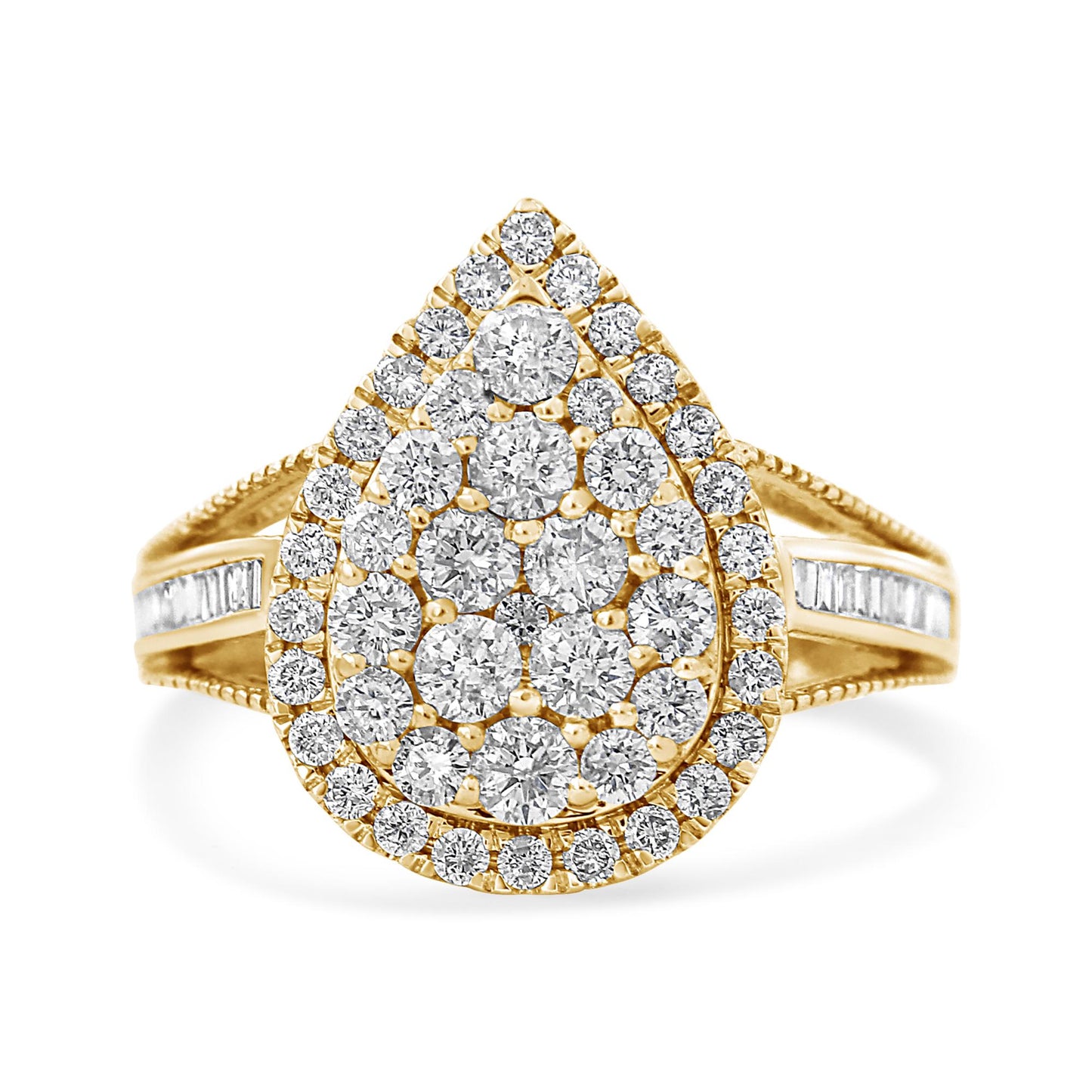 Front-facing view of a yellow metal ring with a pear-shaped cluster of white round gemstones in prong and pave settings, surrounded by a border of similar round gemstones, and accented with white baguette gemstones in channel settings along the split shank.