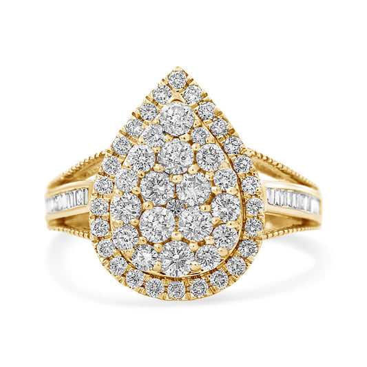 Front-facing view of a yellow metal ring with a pear-shaped cluster of white round gemstones in prong and pave settings, surrounded by a border of similar round gemstones, and accented with white baguette gemstones in channel settings along the split shank.