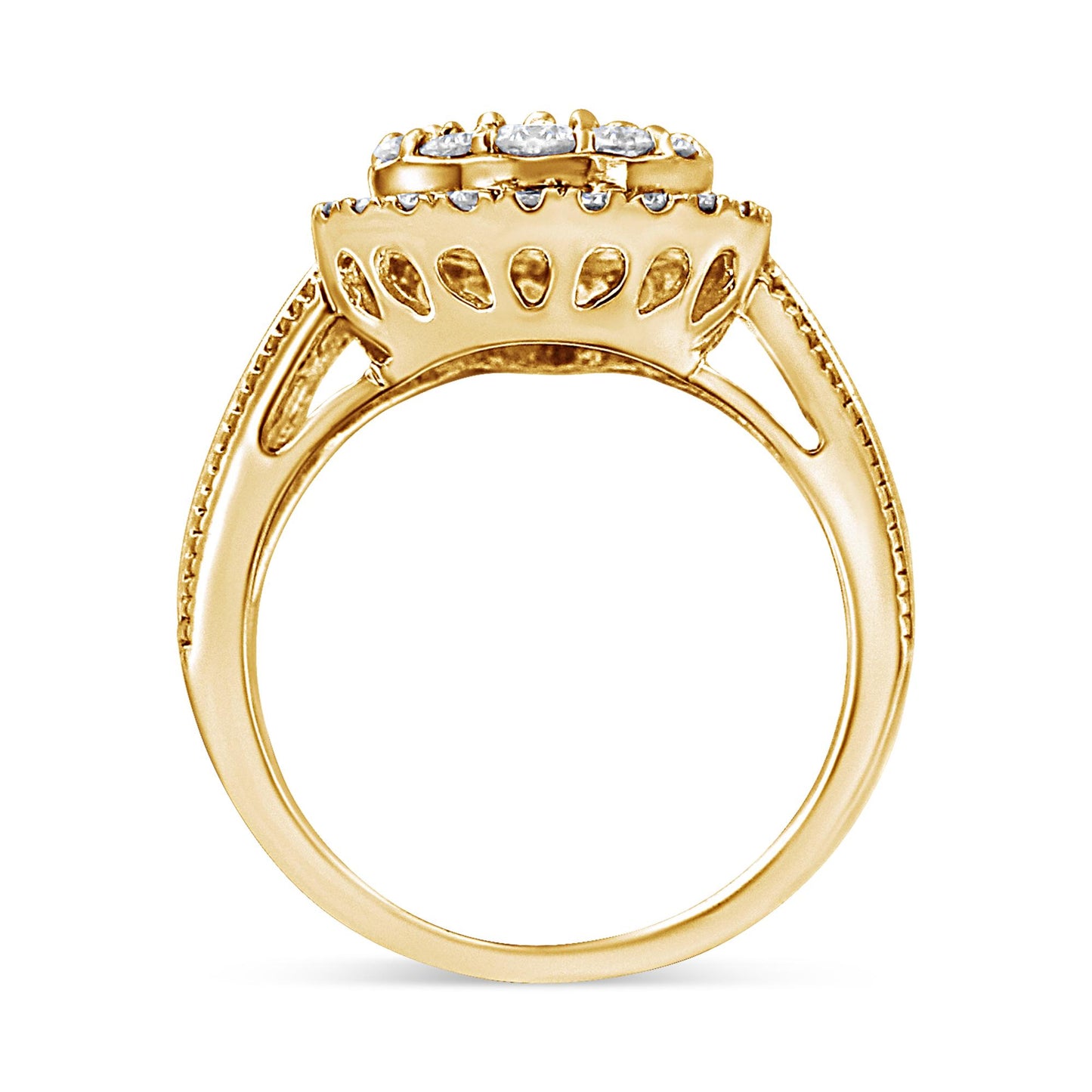 Side view of yellow metal ring with round and baguette white gemstones in prong, channel, and pave settings.