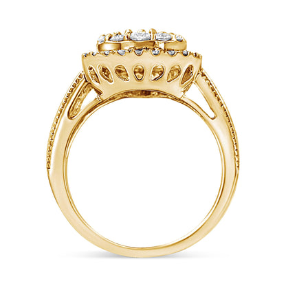 Side view of yellow metal ring with round and baguette white gemstones in prong, channel, and pave settings.