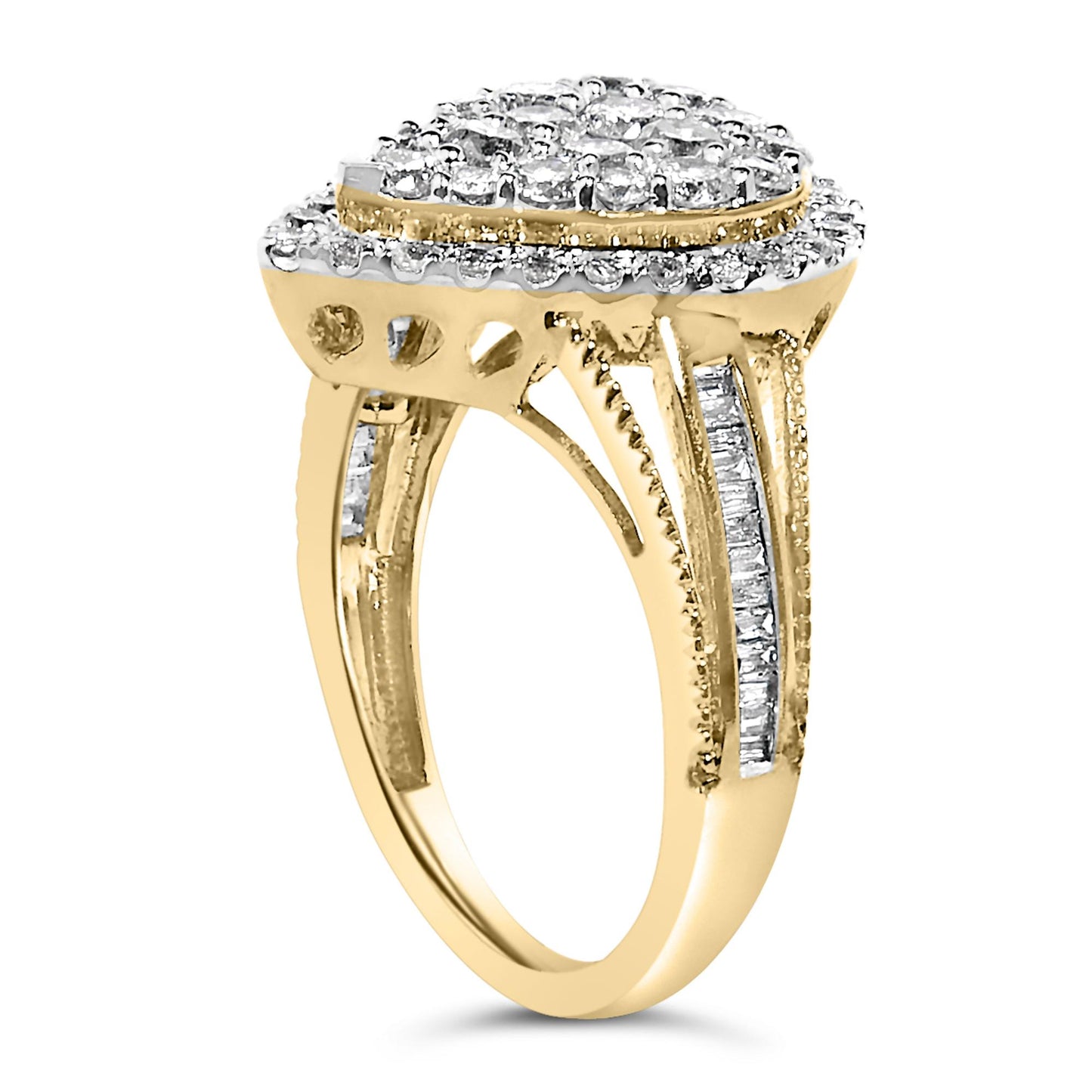 Yellow metal ring with multiple small white round and baguette gemstones in prong, pave, and channel settings, shown in a side angle.