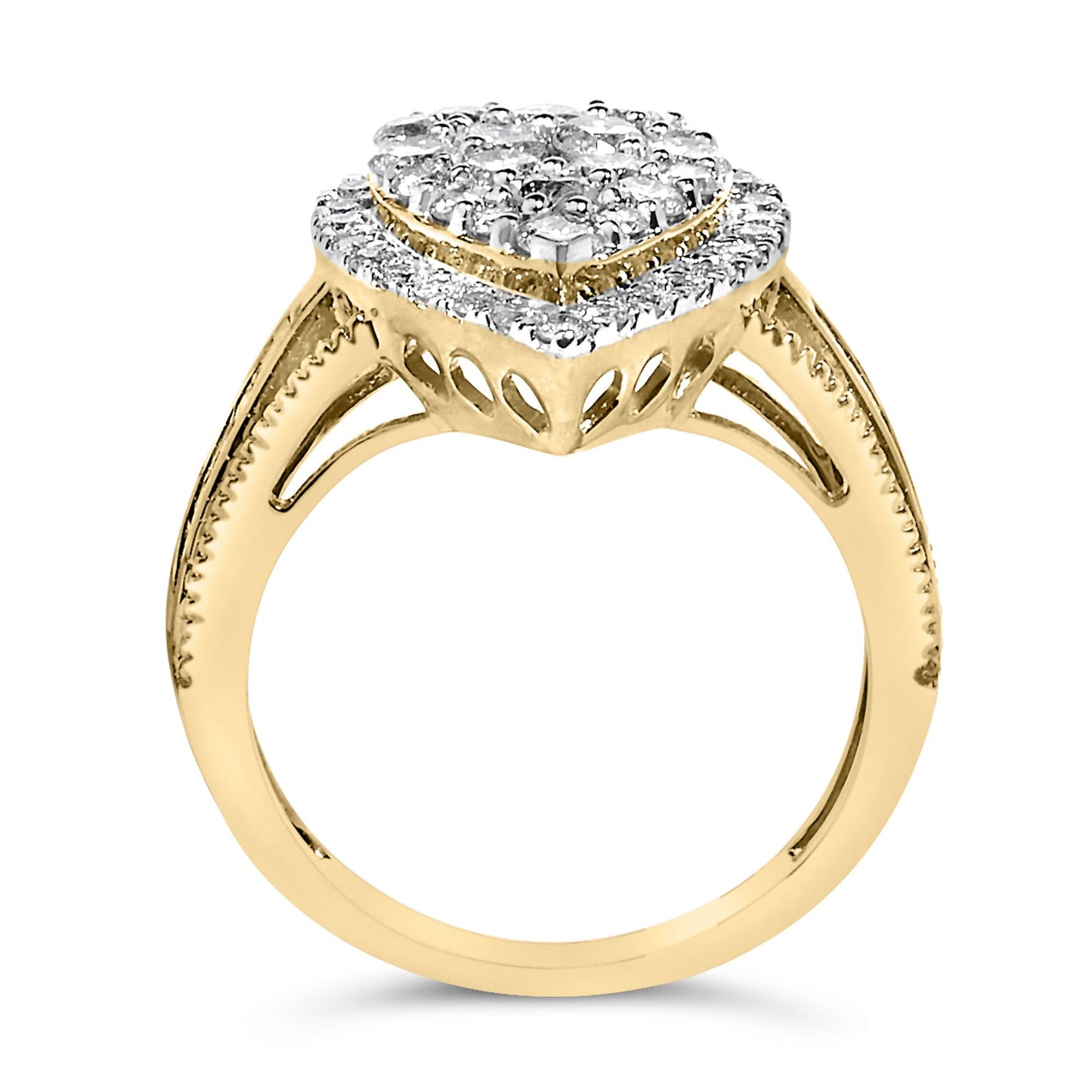 Yellow metal ring with a raised square cluster of white round and baguette gemstones in prong, pave, and channel settings, shown from a side angle.