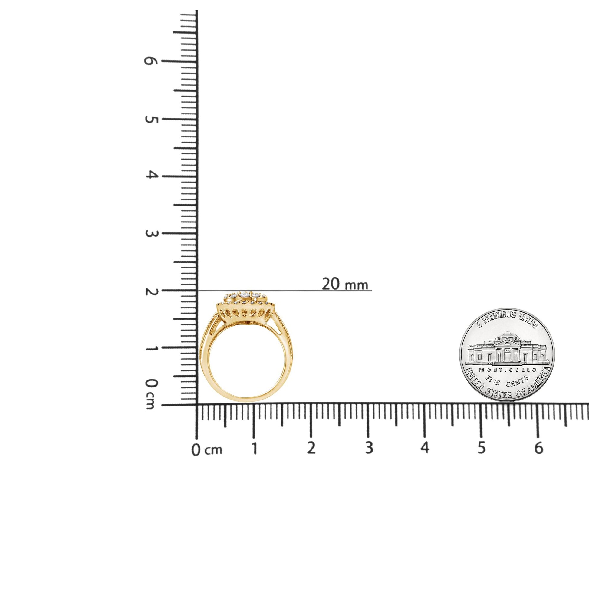 Side view of a yellow ring with several round white gemstones in prong and pave settings, and white baguette gemstones in a channel setting, placed on a ruler for size reference.