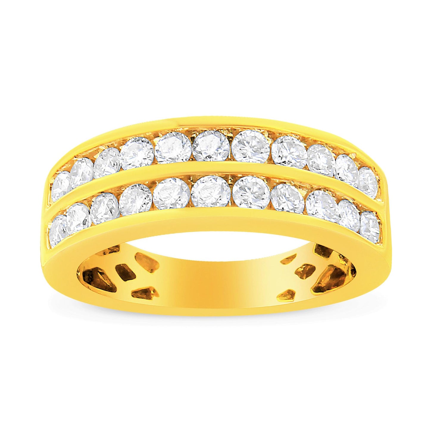 Front view of a yellow ring with two rows of round white gemstones in channel settings.