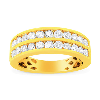 Front view of a yellow ring with two rows of round white gemstones in channel settings.