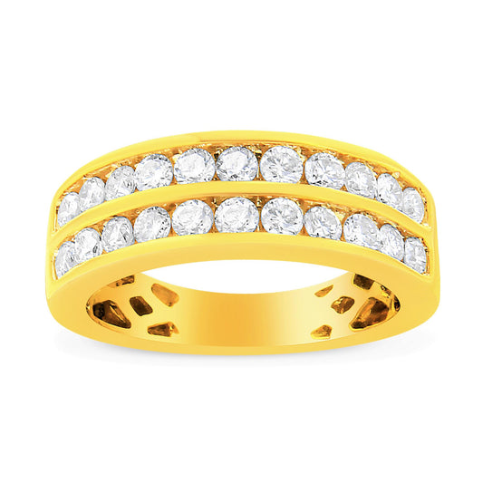 Front view of a yellow ring with two rows of round white gemstones in channel settings.
