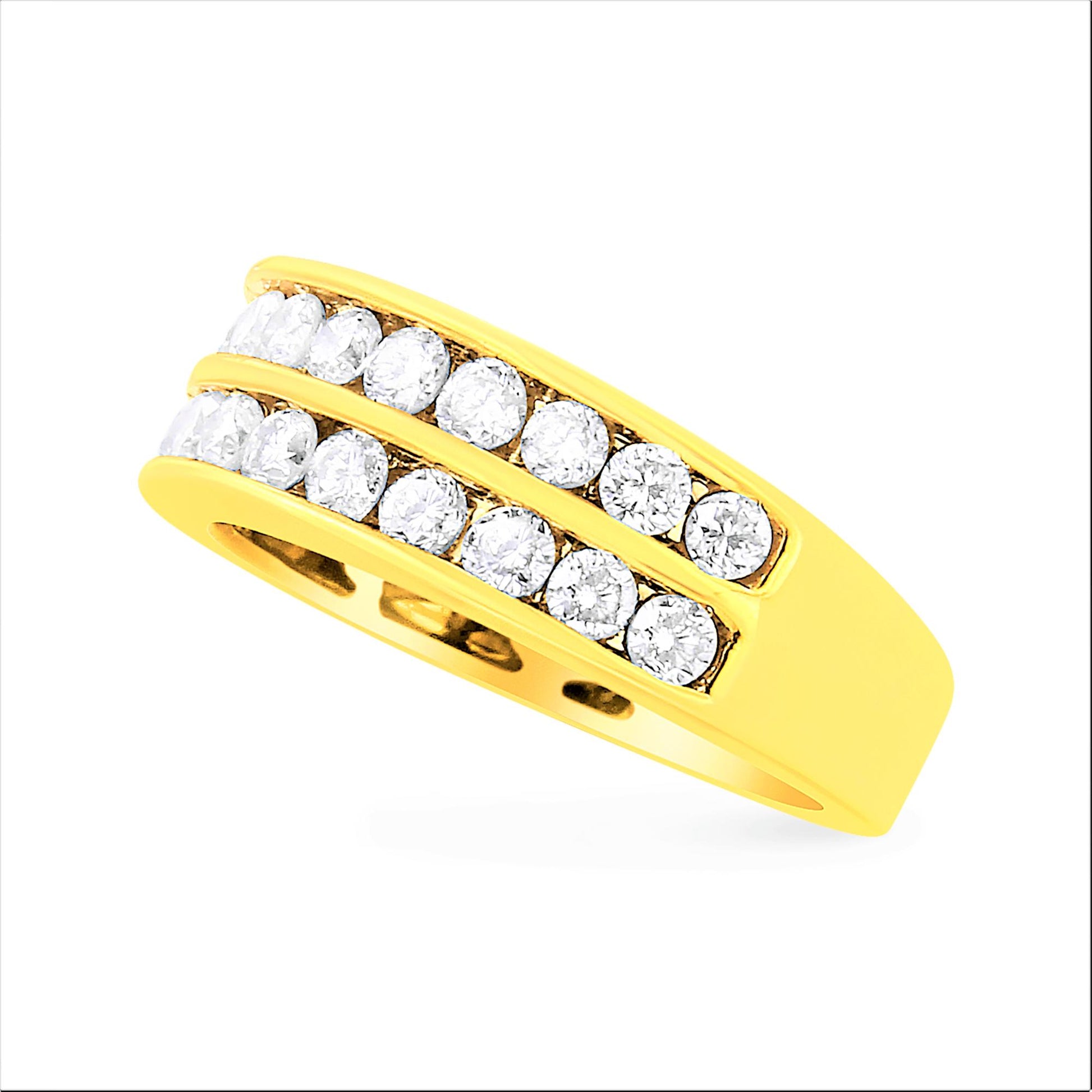 Yellow ring set with two rows of round white gemstones in channel setting, angled view.