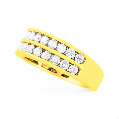 Yellow ring set with two rows of round white gemstones in channel setting, angled view.