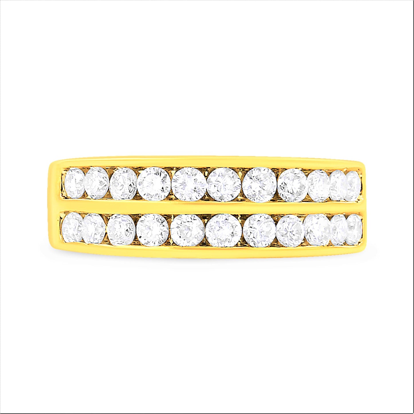 Front view of a yellow metal ring featuring two rows of round white gemstones in channel settings.