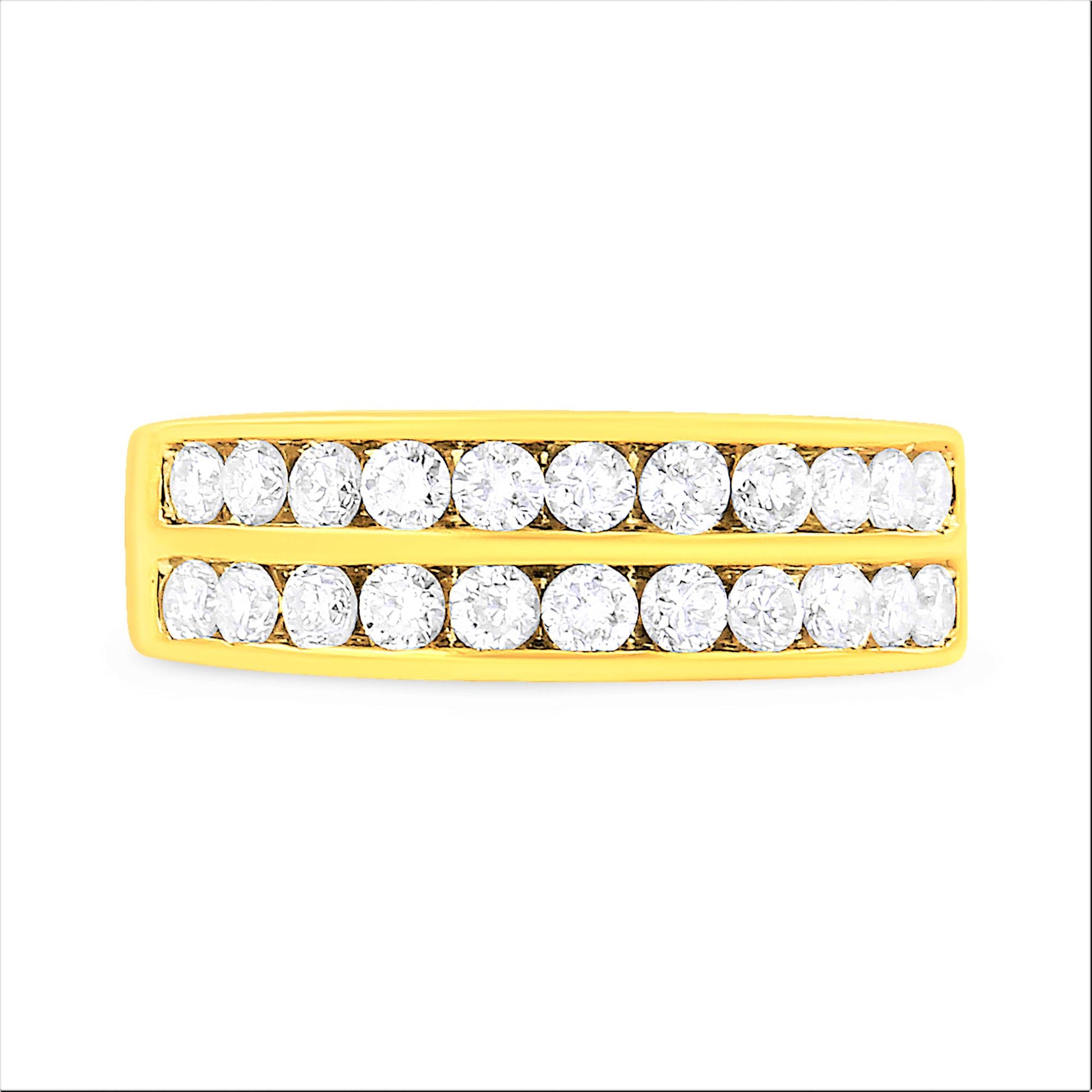 Front view of a yellow metal ring featuring two rows of round white gemstones in channel settings.
