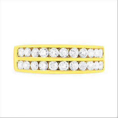 Front view of a yellow metal ring featuring two rows of round white gemstones in channel settings.