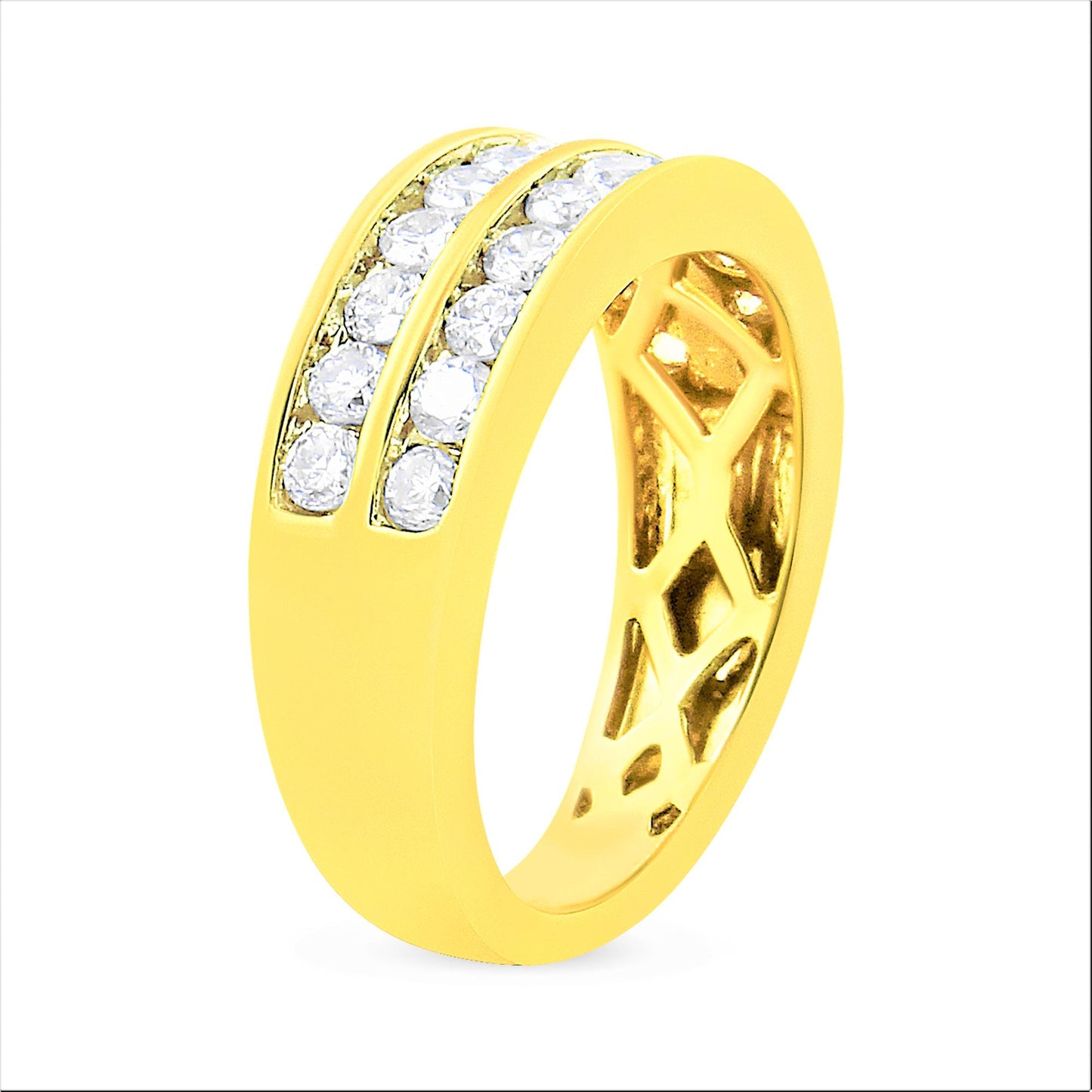 Yellow ring with two rows of round white gemstones in a channel setting, shown at an angled side view.