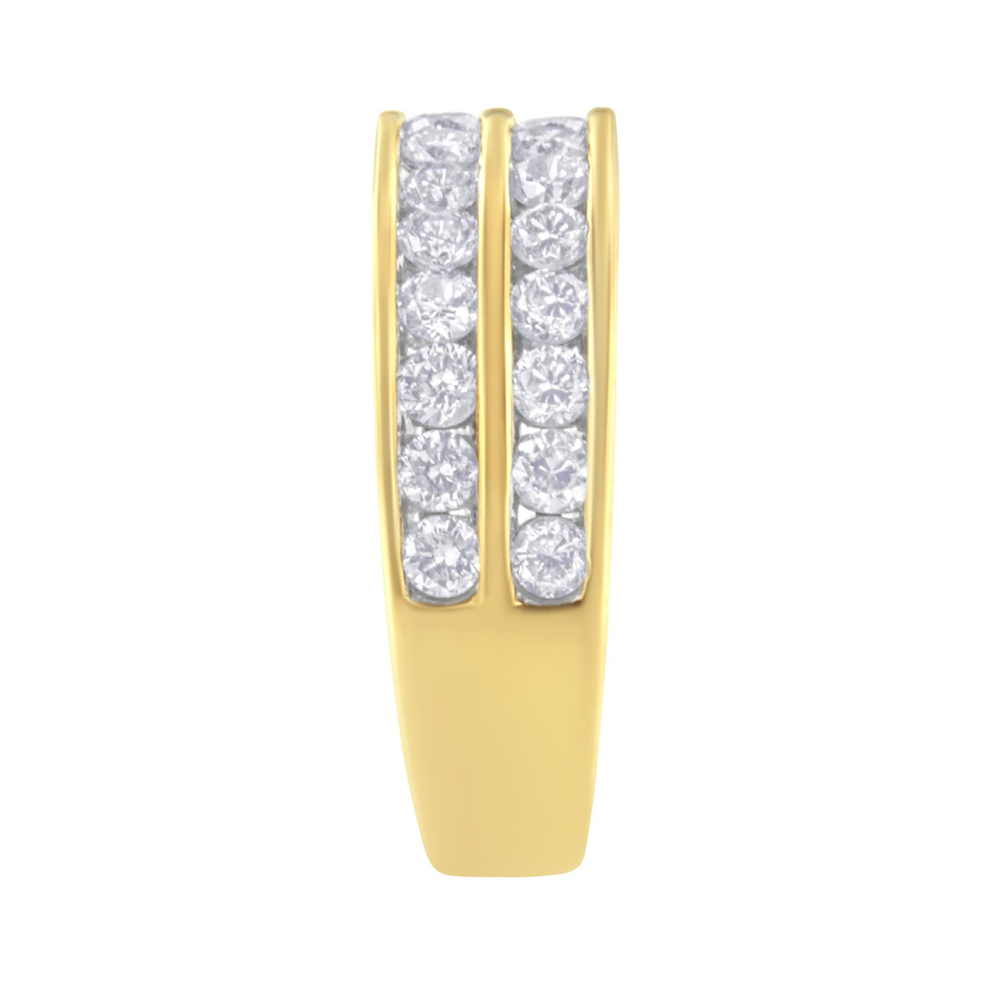 Close-up front view of a yellow ring featuring two rows of round white gemstones set in a channel setting.