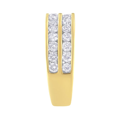 Close-up front view of a yellow ring featuring two rows of round white gemstones set in a channel setting.