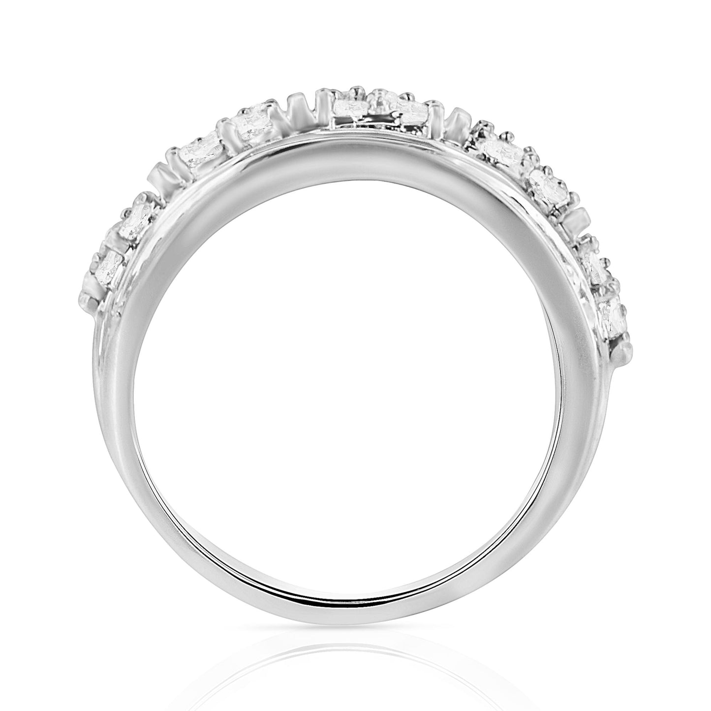 White metal ring viewed from the side, featuring channel-set round and baguette white gemstones around the band.