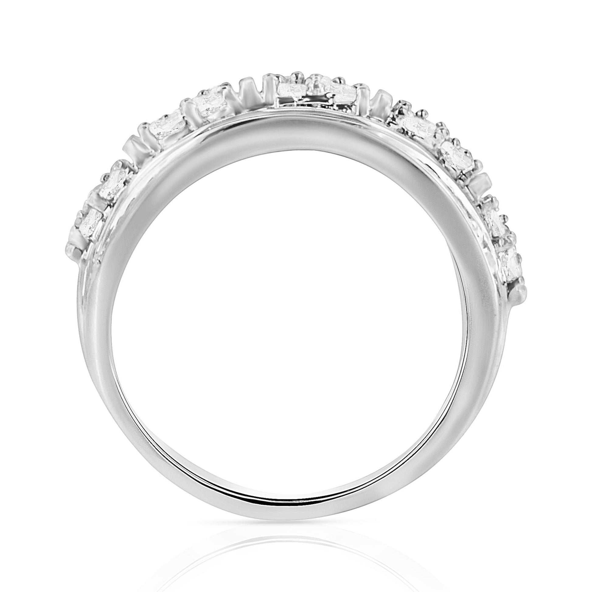 White metal ring viewed from the side, featuring channel-set round and baguette white gemstones around the band.