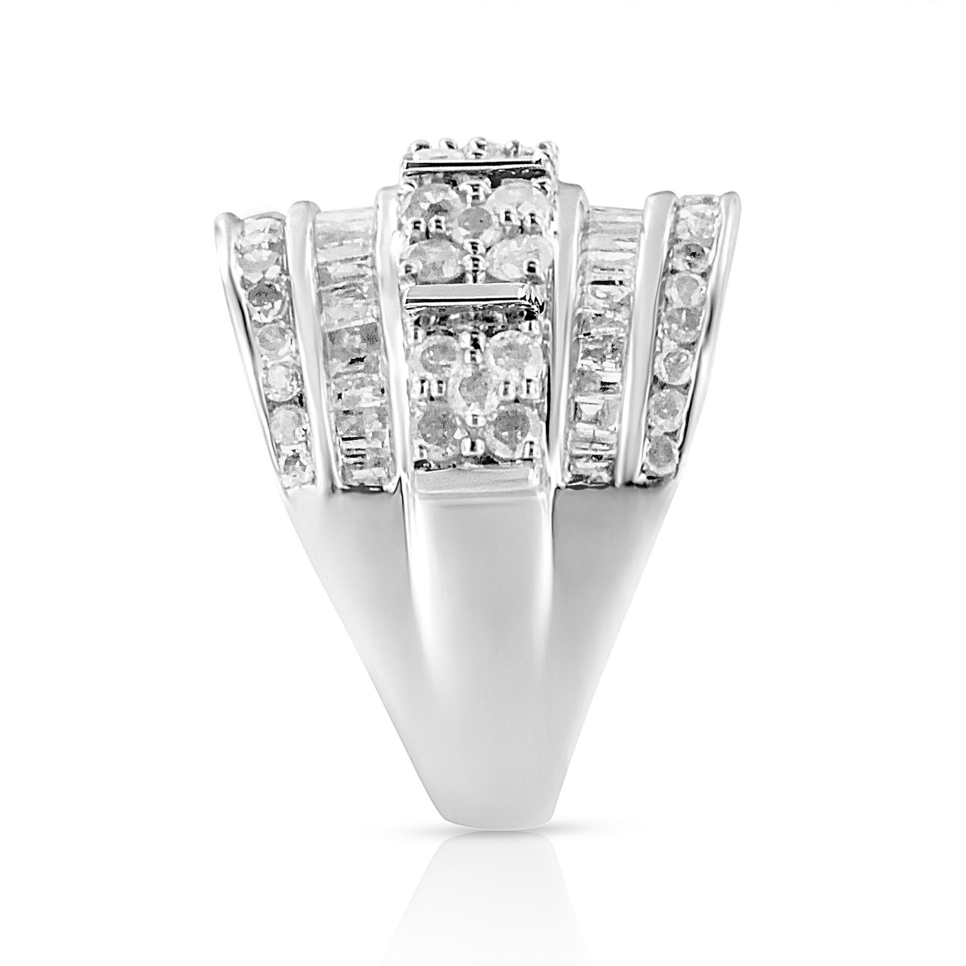 Front angle view of a white metal ring featuring channel-set white round and baguette-shaped gemstones arranged in distinct vertical rows.
