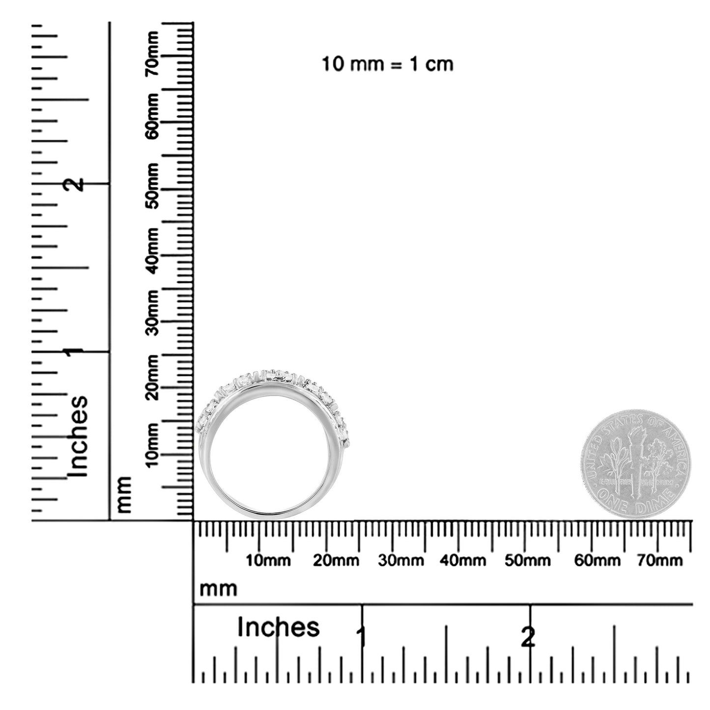 Top view of a white metal ring with channel-set round and baguette white gemstones, shown on a ruler and next to a coin for size reference.