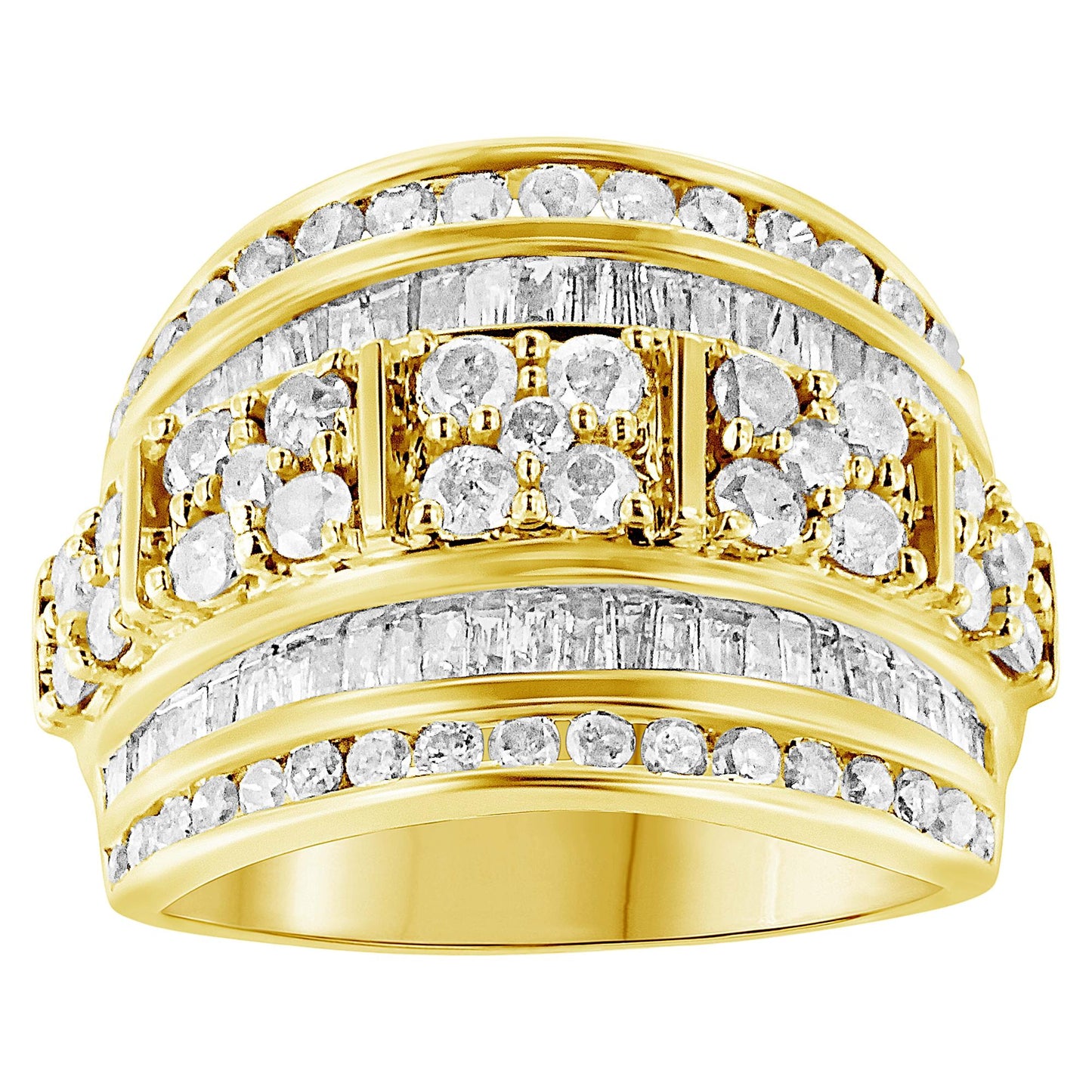 Close-up front view of a yellow ring featuring multiple rows of white round gemstones in prong settings and white baguette gemstones in channel settings.