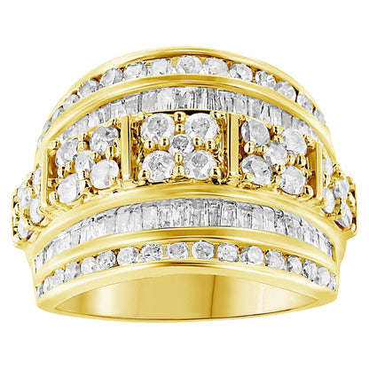 Close-up front view of a yellow ring featuring multiple rows of white round gemstones in prong settings and white baguette gemstones in channel settings.