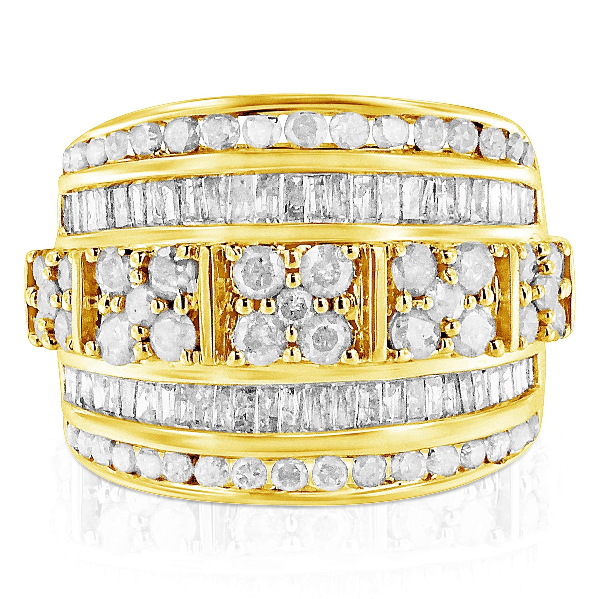 Front angle of yellow ring featuring rows of round prong-set white gemstones and baguette channel-set white gemstones.