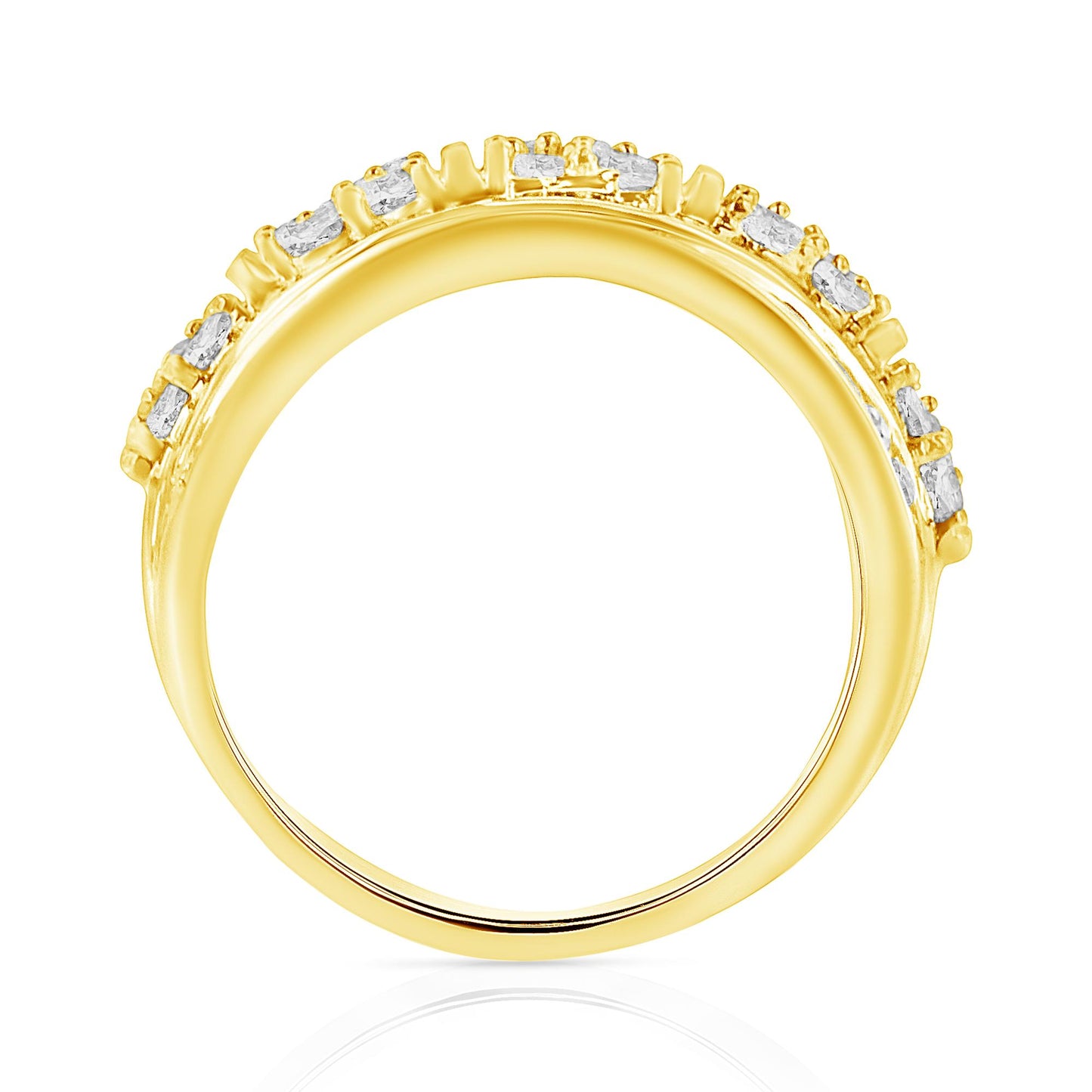 Close-up side view of a yellow metal ring featuring white round gemstones in prong settings and white baguette gemstones in channel settings along the upper band.